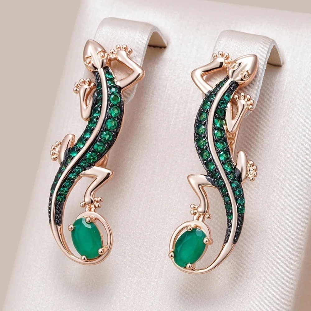 Rose Gold Plated Green Cubic Zirconia Lizard Drop Earrings